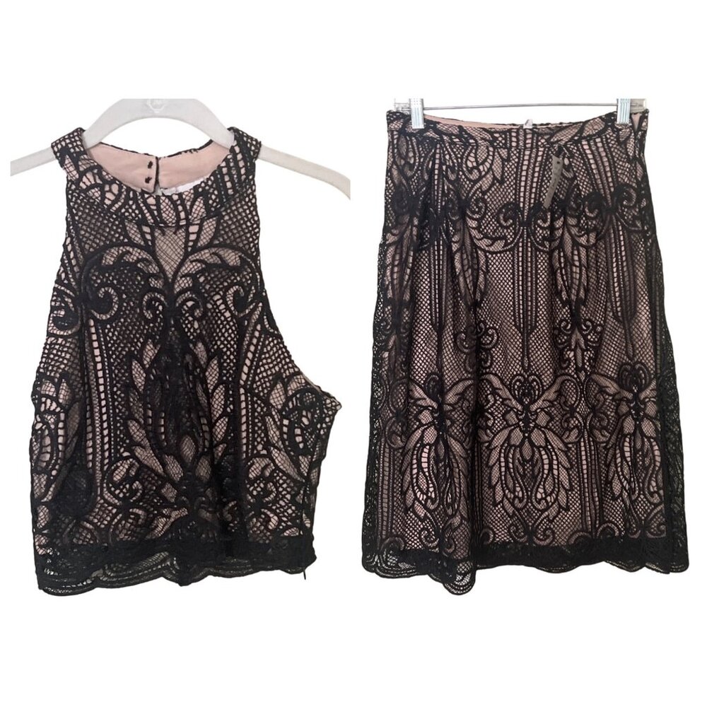 NEW FRANCESCAS Black Lace 2 Piece Crop Top‎ & Skirt Set Small Victorian Pattern